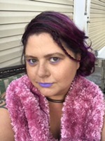 Purple Hair, Pink Fuzzy Scarf, Full Makeup
